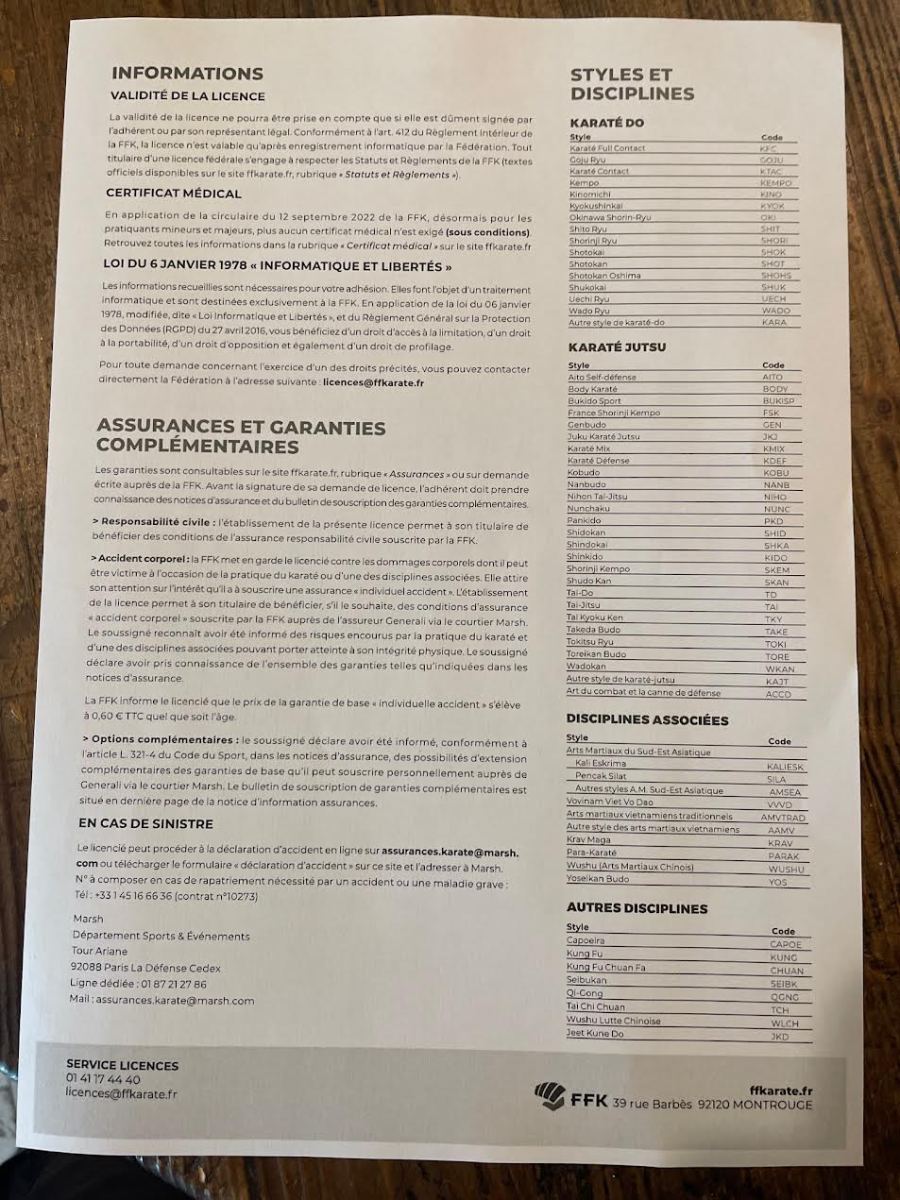 Fiche d'inscription, verso : informations, assurances, styles et disciplines