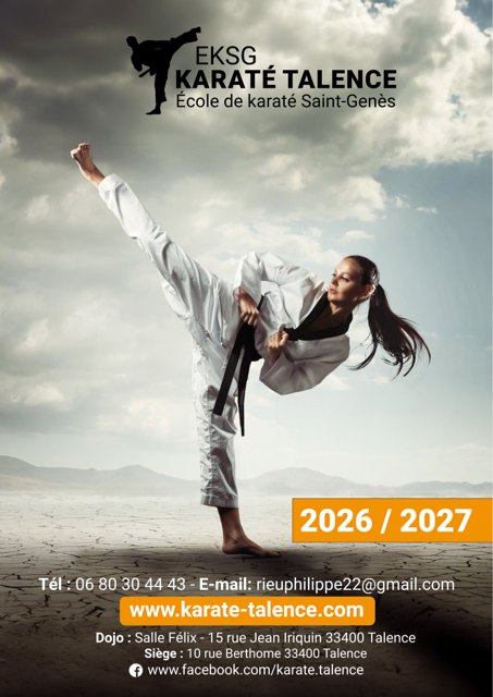 Plaquette du club, recto : EKSG Karaté Talence, saison 2026-2027